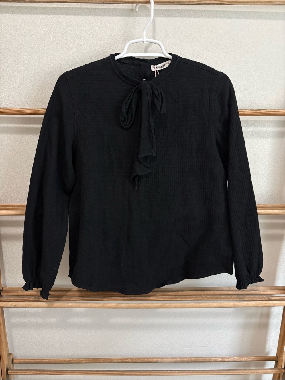 Mauve Black Tie-Neck Long Sleeve Girls Blouse